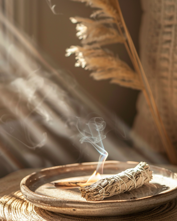 Un bâton de sauge blanche qui brûle